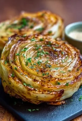 Delicious roasted cabbage steaks served on a plate with seasonings.
