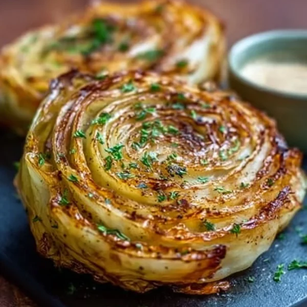 Delicious roasted cabbage steaks served on a plate with seasonings.