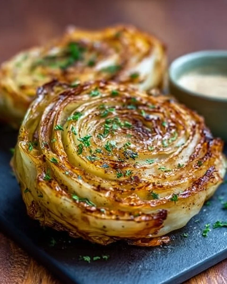 Delicious roasted cabbage steaks served on a plate with seasonings.