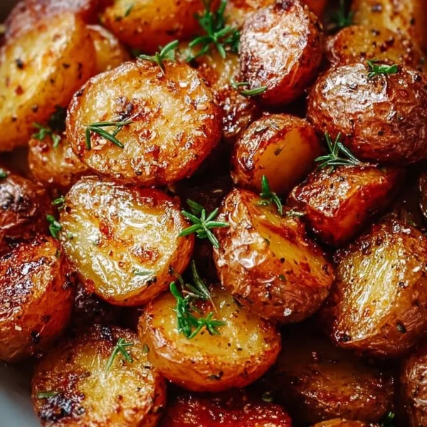 Plate of crispy roasted mini potatoes seasoned and ready to serve