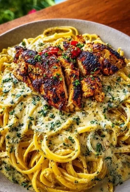 Plate of savory Cajun chicken with creamy garlic parmesan linguine