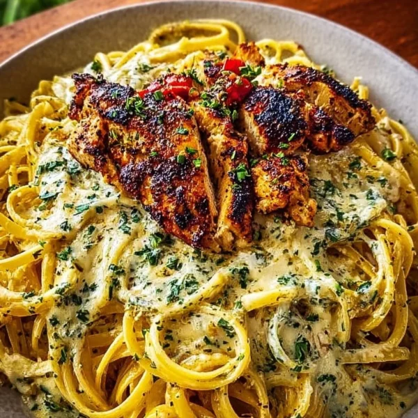 Plate of savory Cajun chicken with creamy garlic parmesan linguine