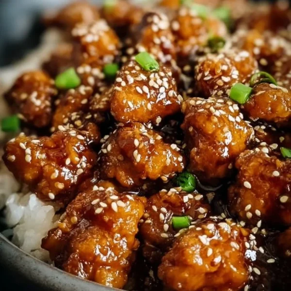 Plate of sesame chicken garnished with sesame seeds and vegetables