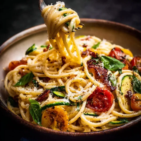 Bowl of vibrant Spring Pasta with fresh vegetables and herbs