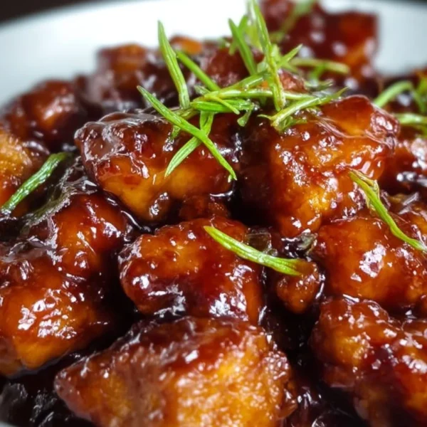 Plate of sticky honey chicken garnished with green onions and sesame seeds