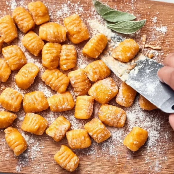 Plate of homemade sweet potato gnocchi with herbs and sauce