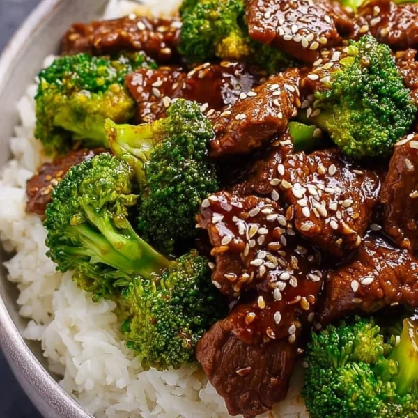 Bowl of sesame beef and broccoli made in an Instant Pot