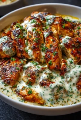 Plate of Turkish chicken with creamy white sauce garnished with herbs