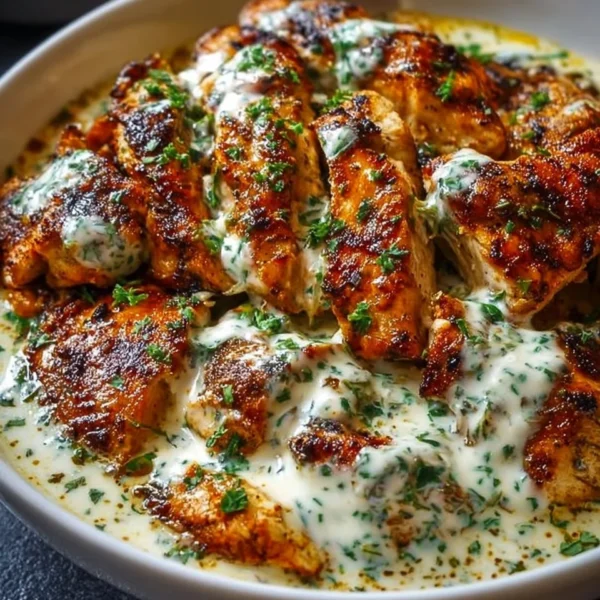 Plate of Turkish chicken with creamy white sauce garnished with herbs