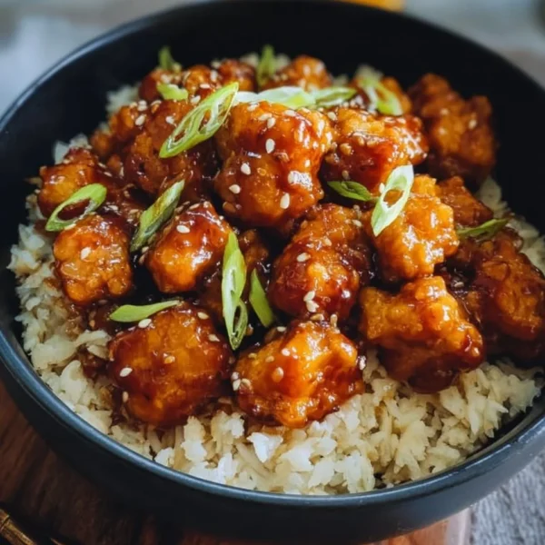 Delicious Vegan Orange Chicken made with tofu served on a plate