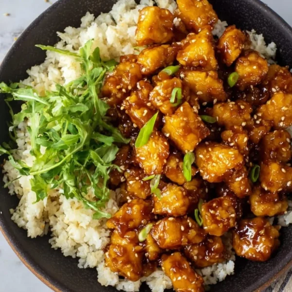 Vegan Orange Chicken made with tofu, garnished with green onions and sesame seeds.