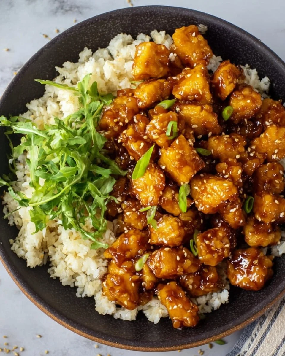 Vegan Orange Chicken made with tofu, garnished with green onions and sesame seeds.