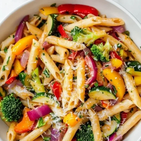 Vibrant Vegetarian Pasta Primavera with assorted vegetables on a plate