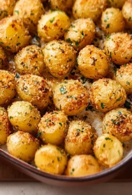 Viral crispy garlic parmesan crusted potatoes served on a plate with herbs.