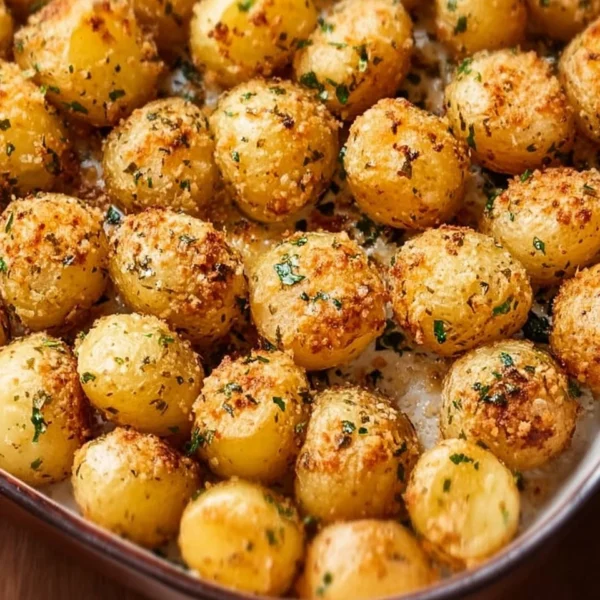 Viral crispy garlic parmesan crusted potatoes served on a plate with herbs.