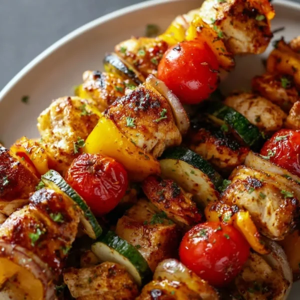 Delicious Baked Chicken Kabobs served on a platter with fresh vegetables