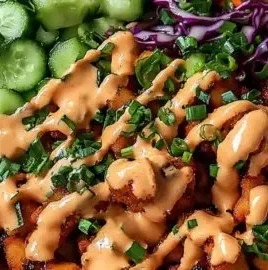 Delicious Bang Bang Chicken Bowl featuring vibrant vegetables and tasty sauce.