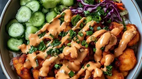 Delicious Bang Bang Chicken Bowl featuring vibrant vegetables and tasty sauce.