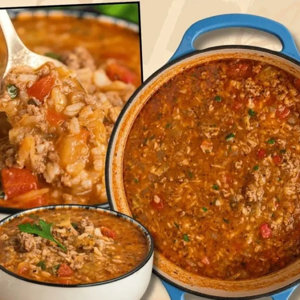 Delicious cabbage roll soup in a bowl, garnished with herbs and served hot.