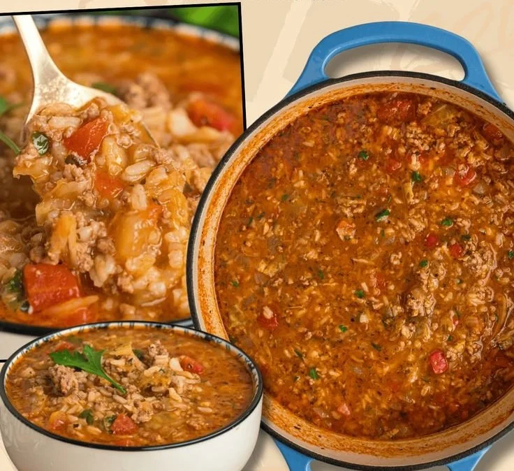 Delicious cabbage roll soup in a bowl, garnished with herbs and served hot.