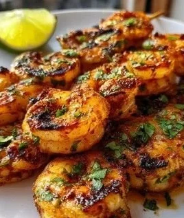 Delicious Chili Lime Shrimp served with fresh lime and herbs