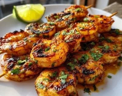 Delicious Chili Lime Shrimp served with fresh lime and herbs
