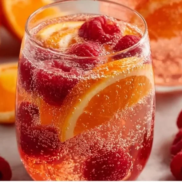 Chilled Peach Moscato Sangria in a glass with fresh fruit slices