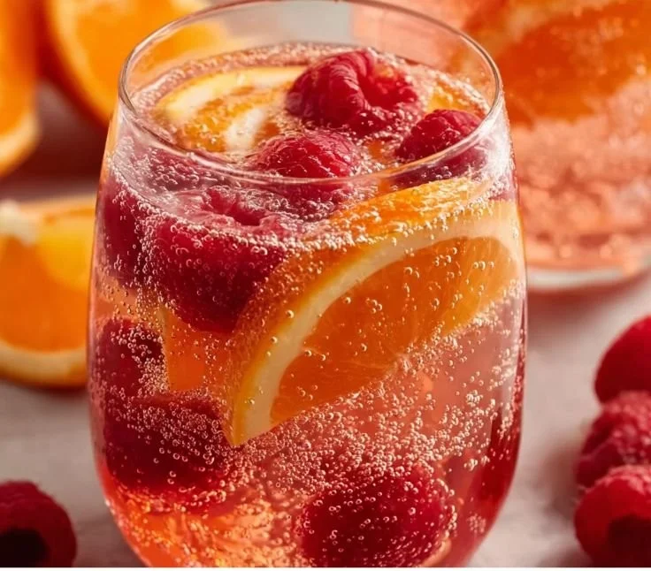 Chilled Peach Moscato Sangria in a glass with fresh fruit slices