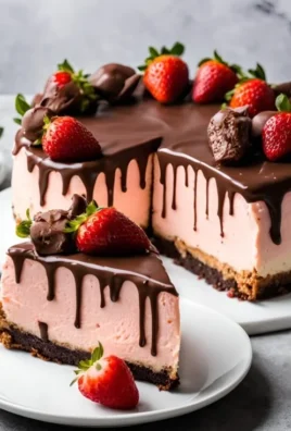 Delicious chocolate covered strawberry cheesecake topped with fresh strawberries.