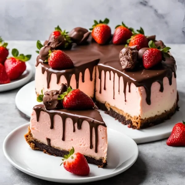 Delicious chocolate covered strawberry cheesecake topped with fresh strawberries.