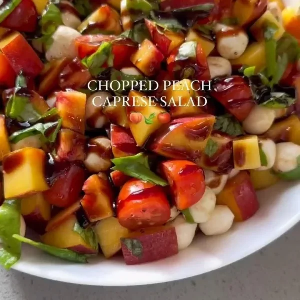 Chopped Peach Caprese Salad with mozzarella, basil, and ripe peaches