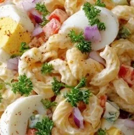 Classic macaroni salad with creamy mayo dressing in a bowl