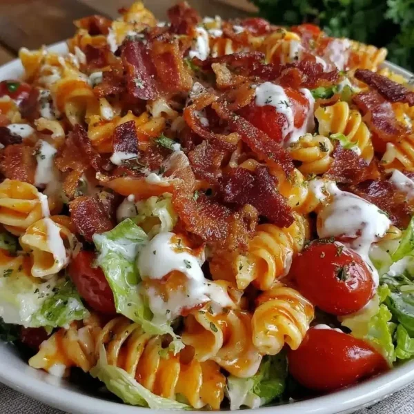 Delicious creamy BLT pasta salad in a bowl with fresh ingredients.