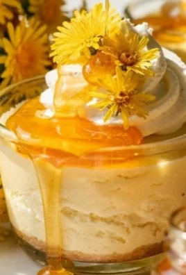Creamy dandelion honey cheesecake cups topped with fresh herbs and flowers.