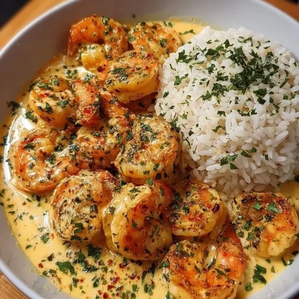 Creamy garlic shrimp served in a dish with garnishes