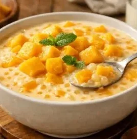 Creamy mango sago dessert topped with fresh mango slices