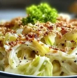 Creamy Skillet Cabbage Alfredo served in a skillet, garnished with herbs