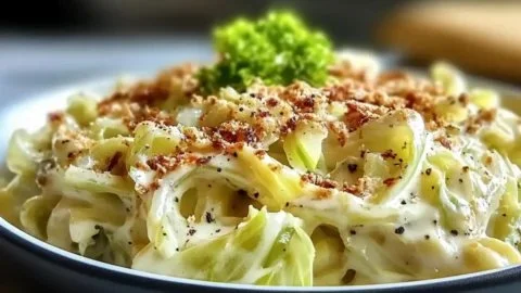 Creamy Skillet Cabbage Alfredo served in a skillet, garnished with herbs