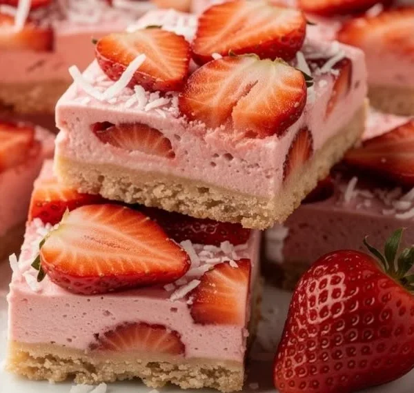 Creamy strawberry coconut bars served on a plate with fresh strawberries