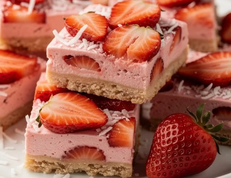 Creamy strawberry coconut bars served on a plate with fresh strawberries