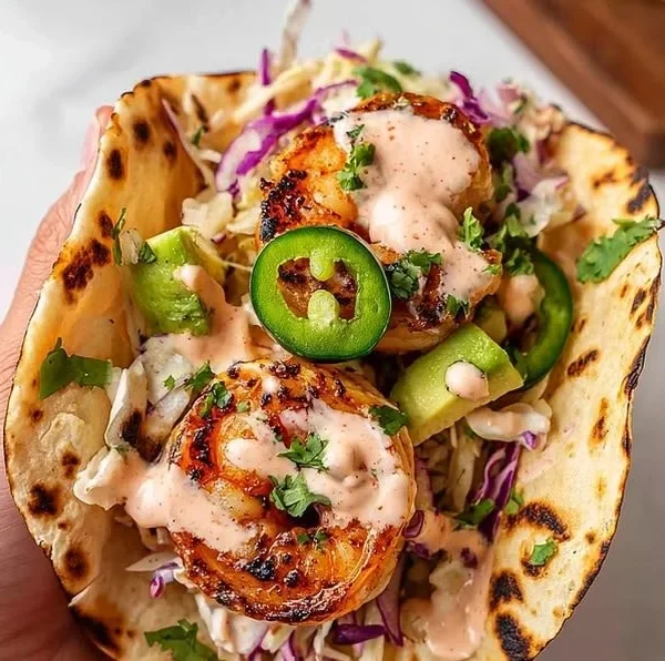 Crispy grilled shrimp tacos with fresh toppings and vibrant colors.