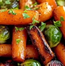 Crispy maple glazed carrots and Brussels sprouts served in a bowl.