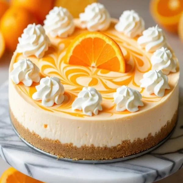No-bake orange creamsicle cheesecake topped with orange slices and whipped cream