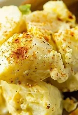 Delicious deviled egg potato salad served in a bowl with herbs