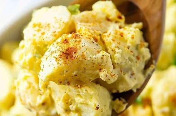 Delicious deviled egg potato salad served in a bowl with herbs