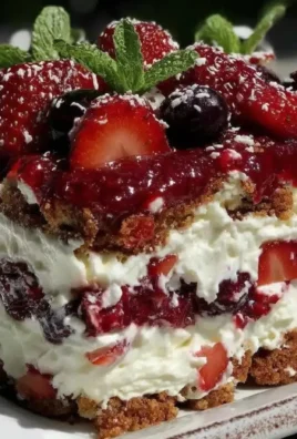 Patriotic strawberry icebox cake with fresh strawberries and whipped cream in a festive setting