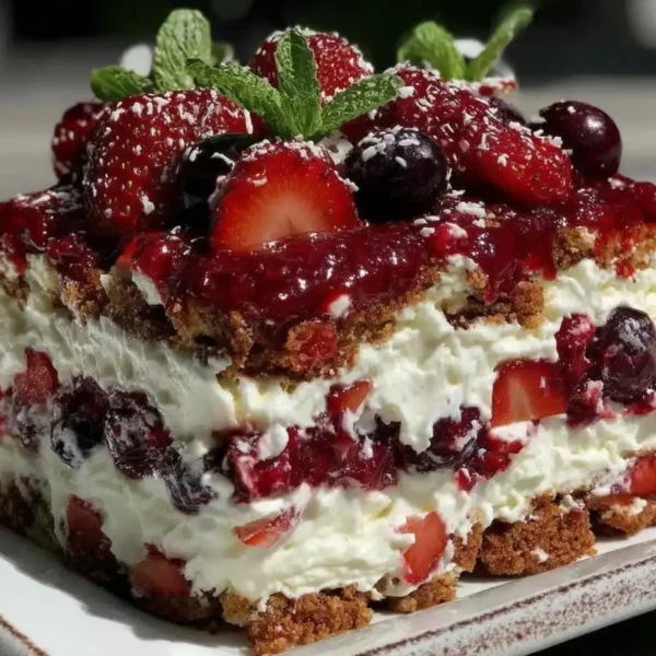 Patriotic strawberry icebox cake with fresh strawberries and whipped cream in a festive setting