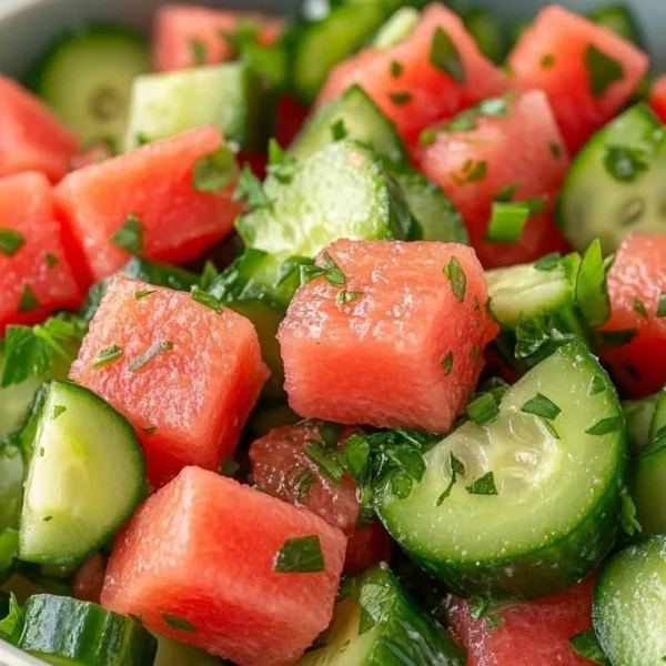 A vibrant watermelon cucumber salad with fresh herbs, colorful ingredients, and a light dressing.