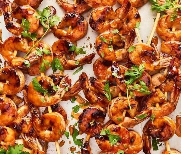 Delicious Firecracker Shrimp Skewers ready for grilling