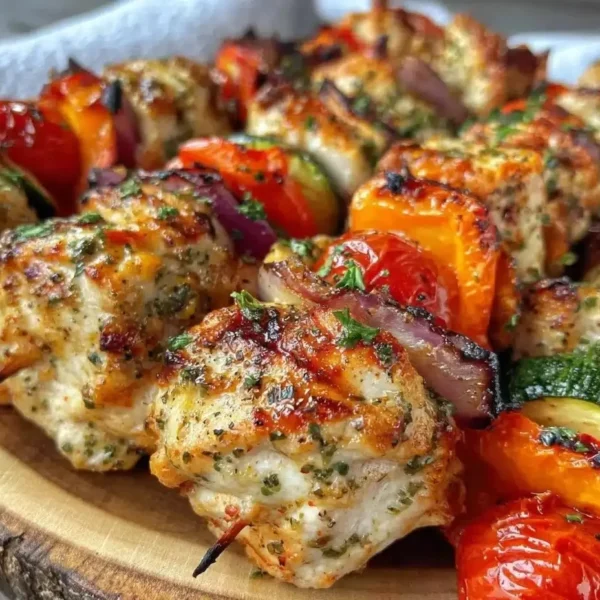 Delicious grilled chicken kabobs on the grill with vibrant vegetables.